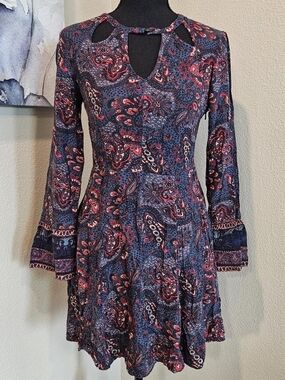 American Eagle Outfitters Navy and Pink Paisley Long-Sleeve Fit & Flare Dress